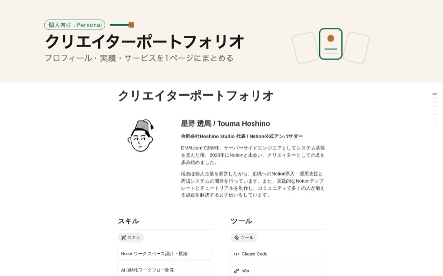 クリエイターポートフォリオの画面